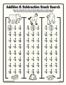 Addition and Subtraction Snack Search Worksheet