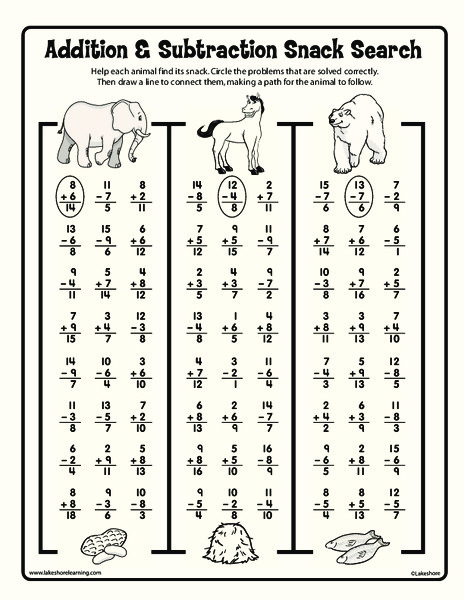 Addition and Subtraction Snack Search Worksheet