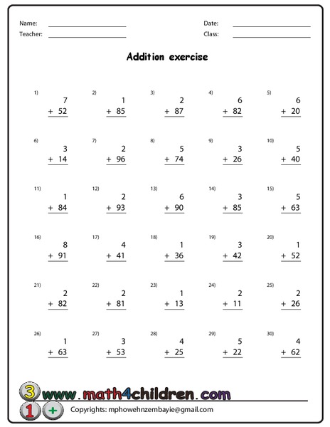 Addition Exercise Worksheet
