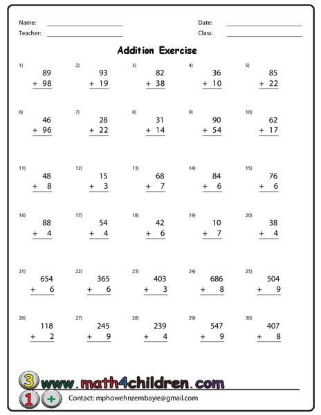 Addition Exercise Worksheet