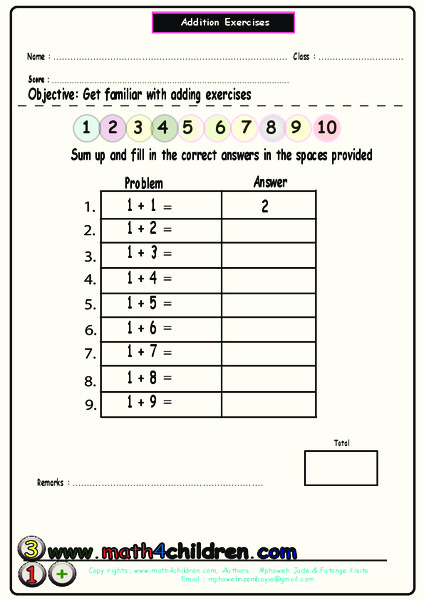 Addition Exercises Worksheet