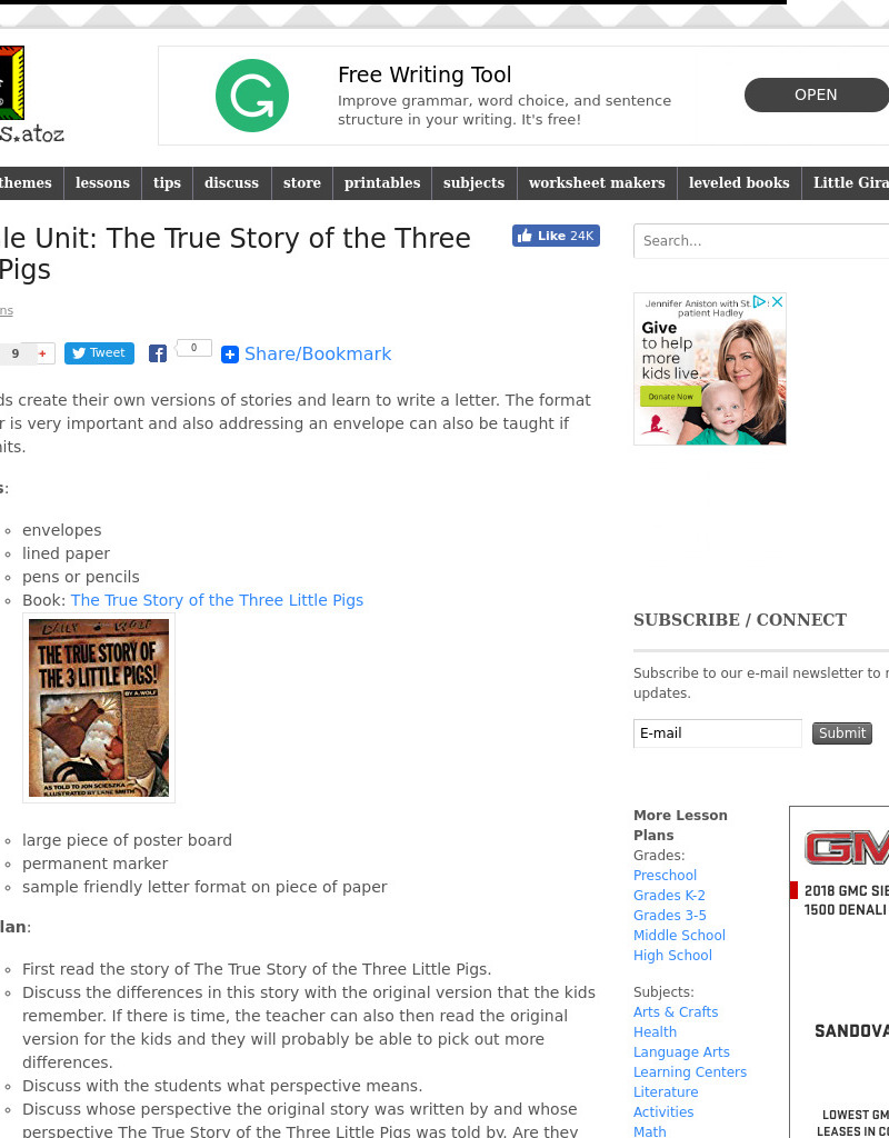 Folktale Unit: The True Story of the Three Little Pigs Lesson Plan