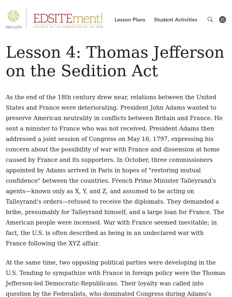 Thomas Jefferson on the Sedition Act Lesson Plan