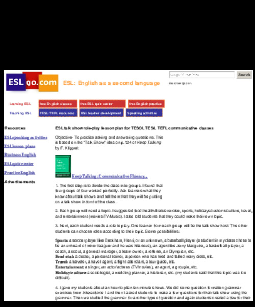 ESL Talk Show Role-Play Lesson Plan Lesson Plan