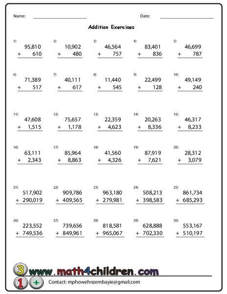 Addition Exercises Worksheet