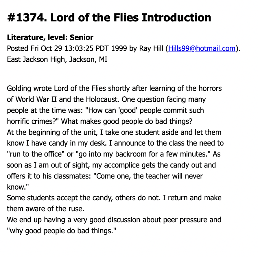 Lord of the Flies Introduction Lesson Plan