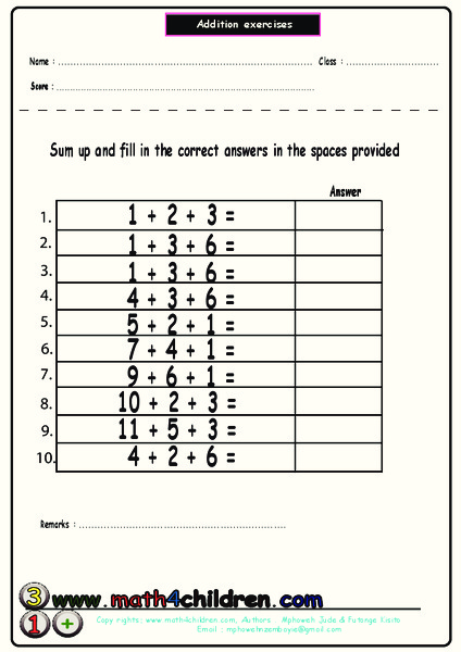 Addition Exercises Worksheet