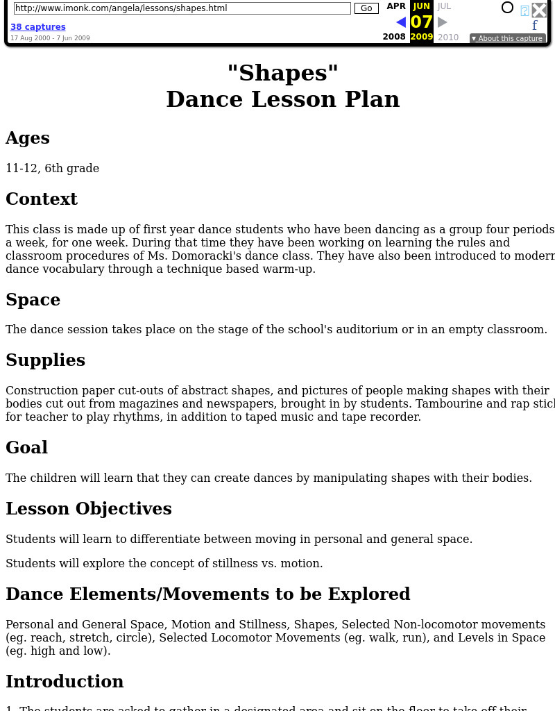 "Shapes" Dance Lesson Plan Lesson Plan