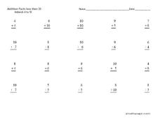 Addition Facts Less Than 20 Worksheet