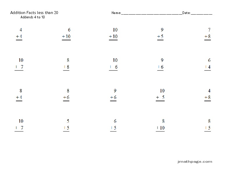 Addition Facts Less Than 20 Worksheet
