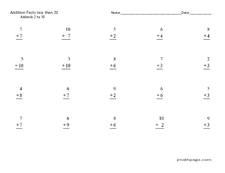 Addition Facts Less Than 20 Worksheet