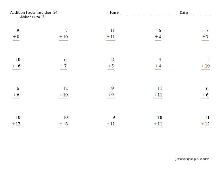 Addition Facts Less Than 24 Worksheet