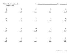 Addition Facts Less Than 20 Worksheet