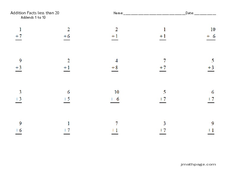 Addition Facts Less Than 20 Worksheet