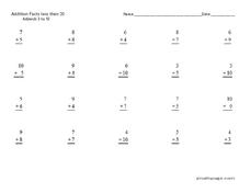 Addition Facts Less Than 20 Worksheet