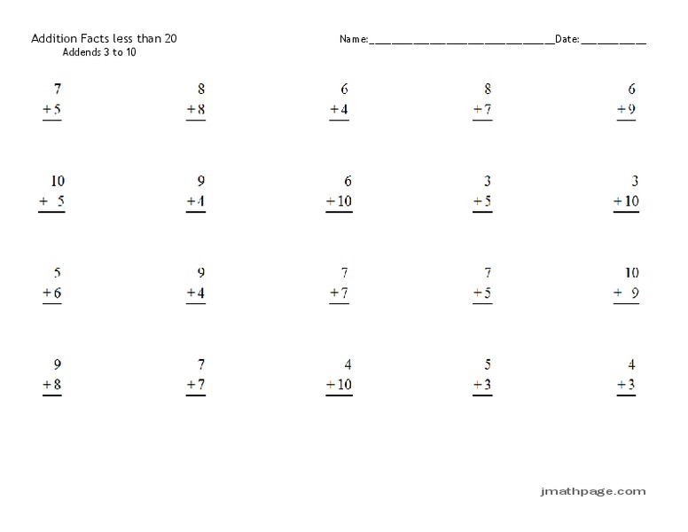 Addition Facts Less Than 20 Worksheet