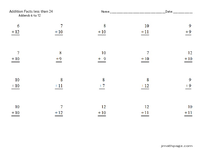 Addition Facts Less Than 24 Worksheet