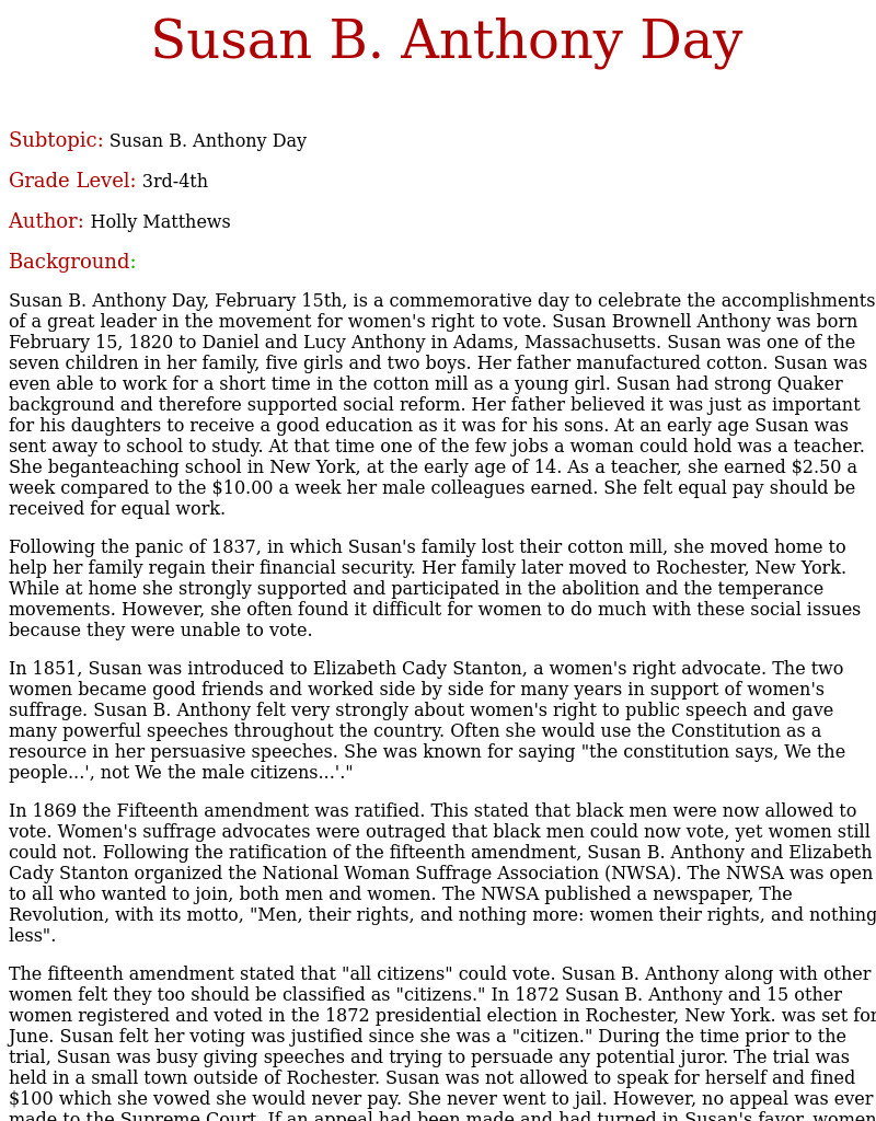 Susan B. Anthony Day Lesson Plan