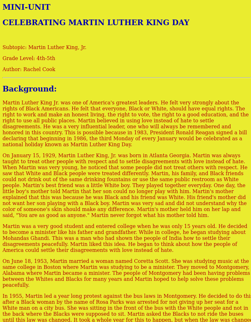 Celebrating Martin Luther King Day Lesson Plan