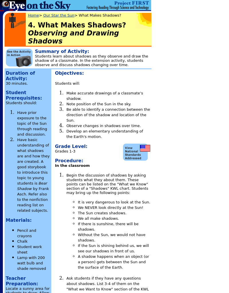 What Makes Shadows? Observing and Drawing Shadows Lesson Plan