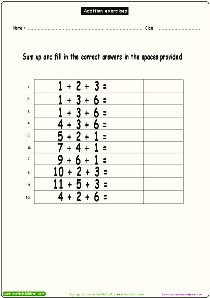 Addition Exercises 7 Worksheet