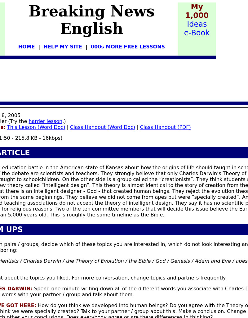 Darwinism on Trial in American State - Easier Version Worksheet