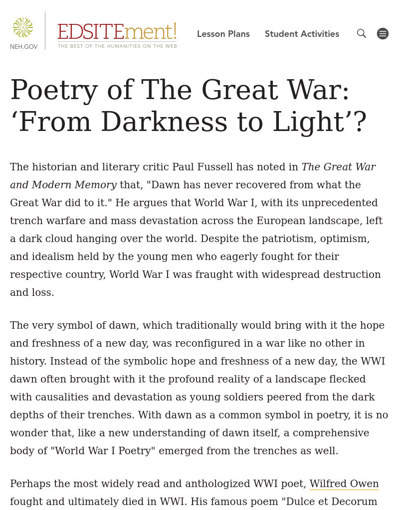 Poetry of The Great War: 'From Darkness to Light'? Lesson Plan