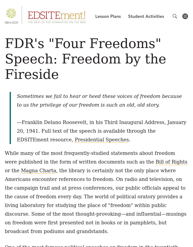 Freedom by the Fireside: The Legacy of FDR's "Four Freedoms" Speech Lesson Plan