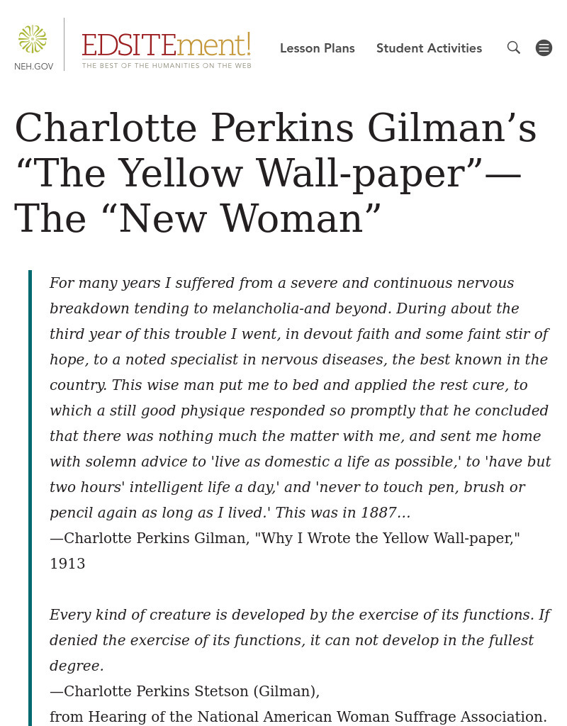 Charlotte Perkins Gilman's "The Yellow Wall-paper" -- The "New Woman" Lesson Plan