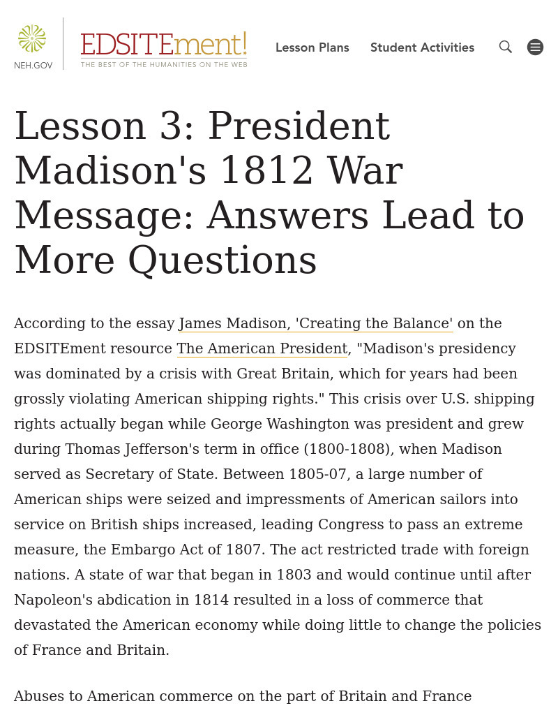 President Madison's 1812 War Message: Answers Lead to More Questions Lesson Plan
