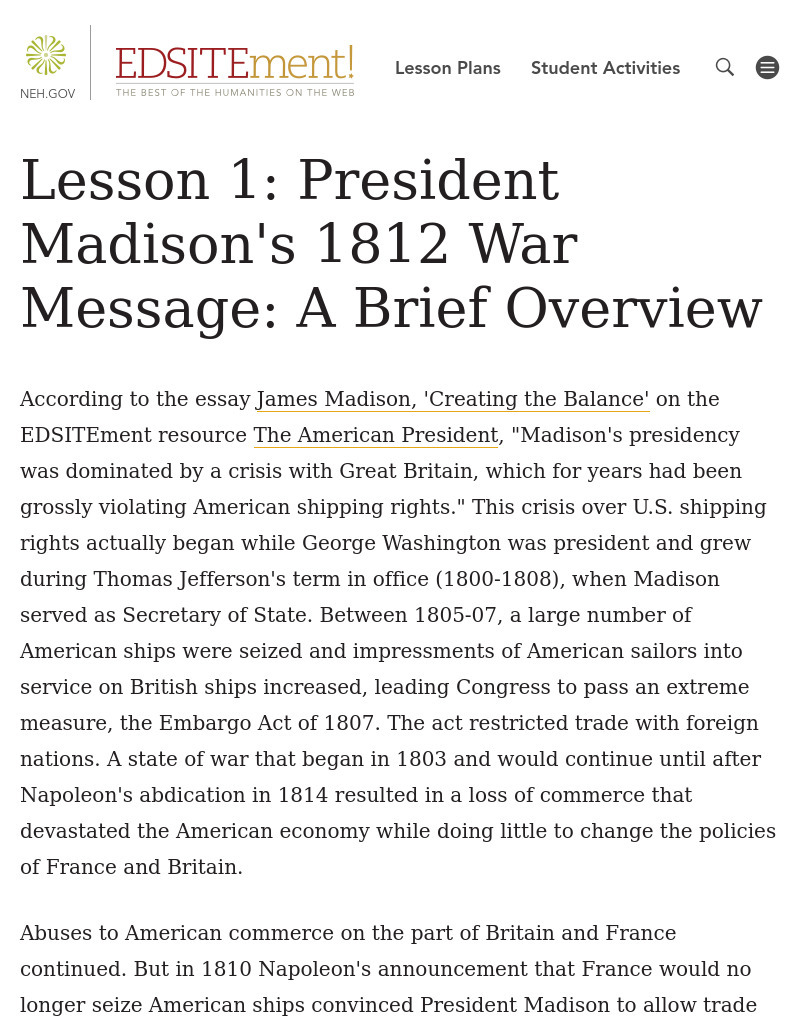 President Madison's 1812 War Message: A Brief Overview Lesson Plan