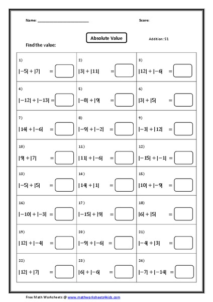Addition of Absolute Value of Numbers #3 Worksheet