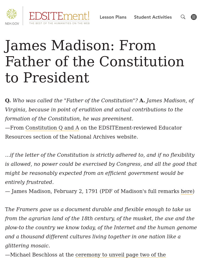 James Madison: From Father of the Constitution to President Lesson Plan