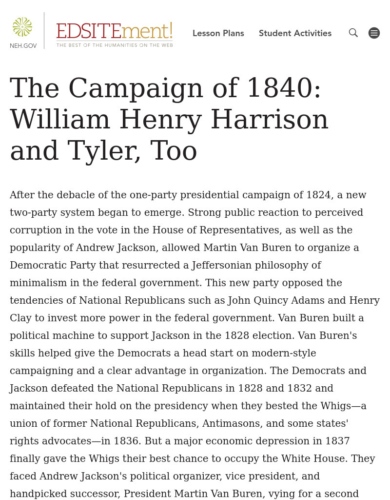The Campaign of 1840: William Henry Harrison and Tyler, Too Lesson Plan
