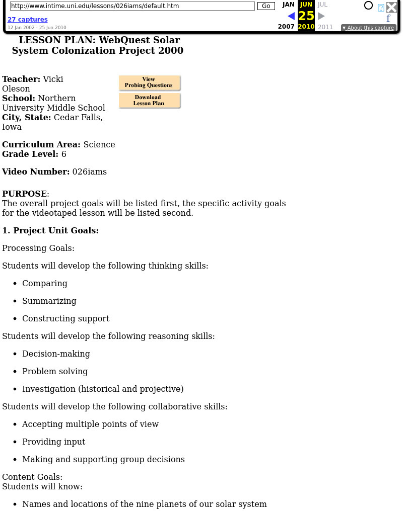 WebQuest Solar System Colonization Project 2000 Lesson Plan