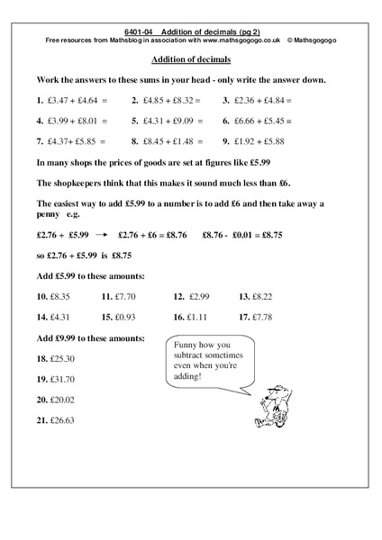 Addition of Decimals Worksheet