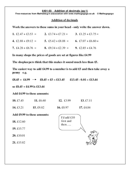 Addition of Decimals Worksheet