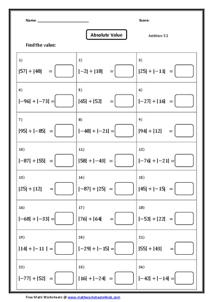 Addition of Absolute Value of Numbers #3 Worksheet