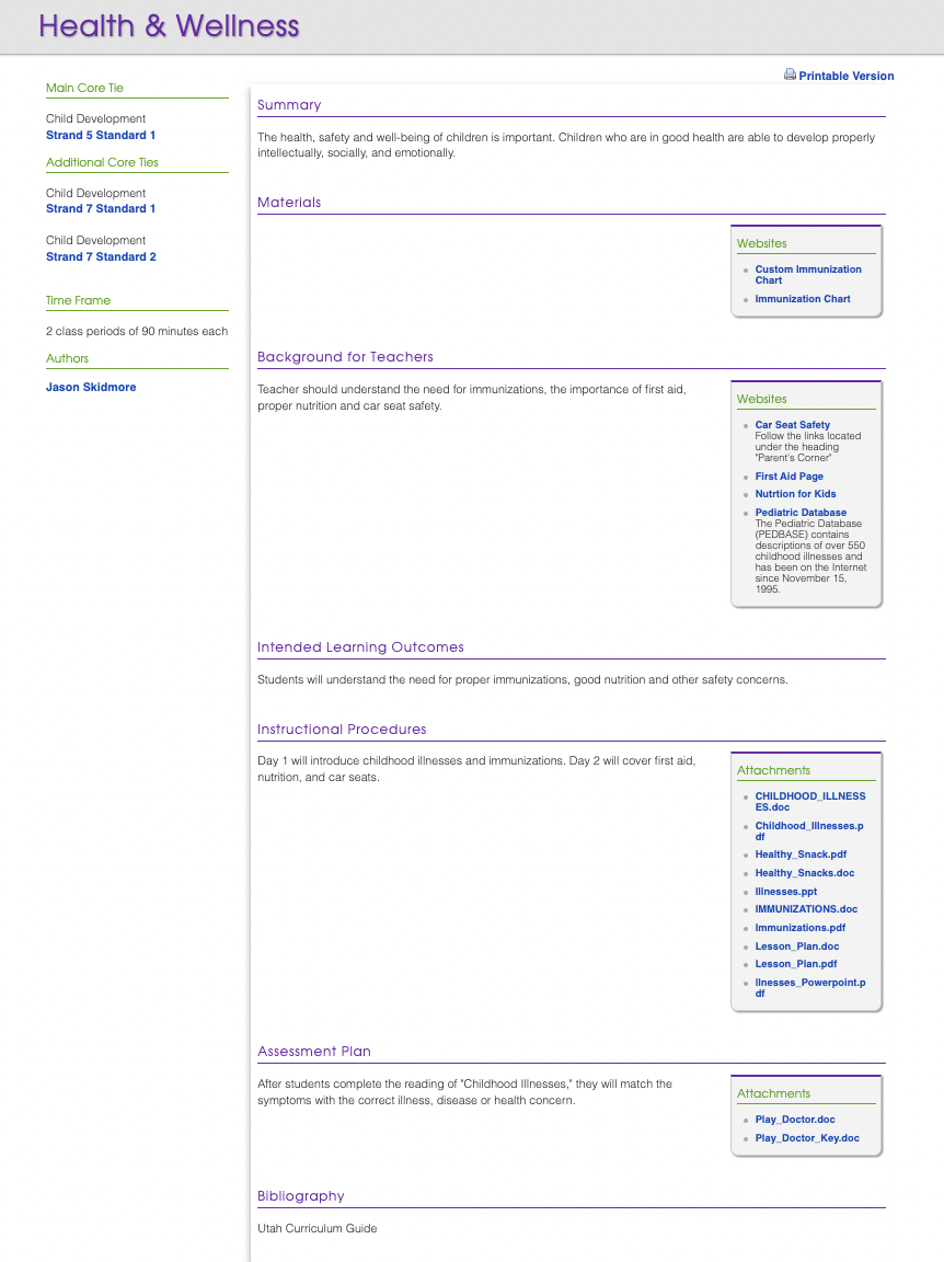 Health & Wellness Lesson Plan