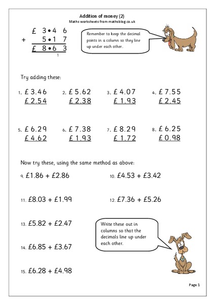 Addition of Money Worksheet