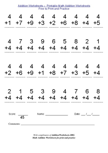 Addition of Numbers 1-9 Worksheet