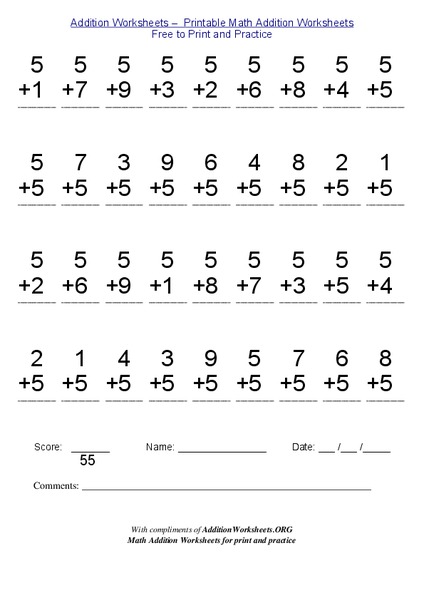 Addition of Numbers 1-9 Worksheet