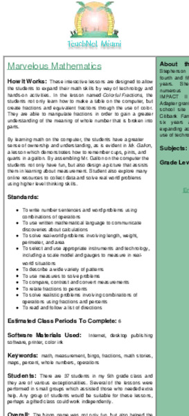 Marvelous Mathematics Lesson Plan