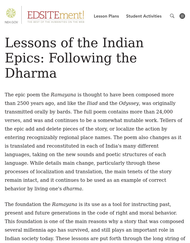 Lessons of the Indian Epics: Following the Dharma Lesson Plan