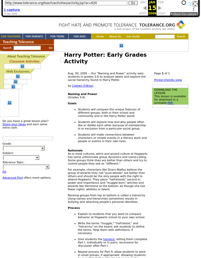Harry Potter: Early Grades Activity Lesson Plan