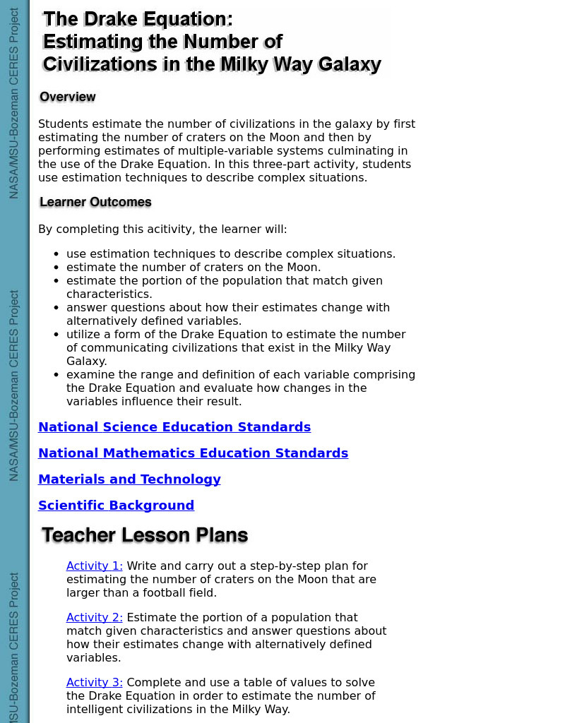 Estimating The Number Of Civilizations In The Milky Way Galaxy Lesson Plan