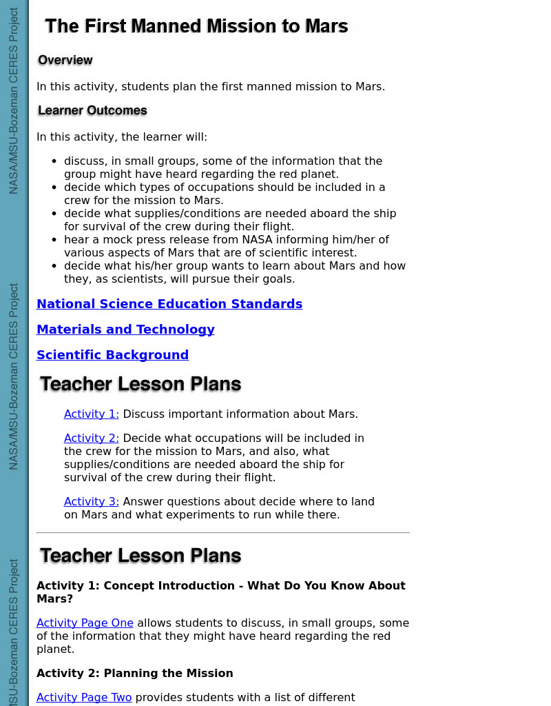 The First Manned Mission To Mars Lesson Plan