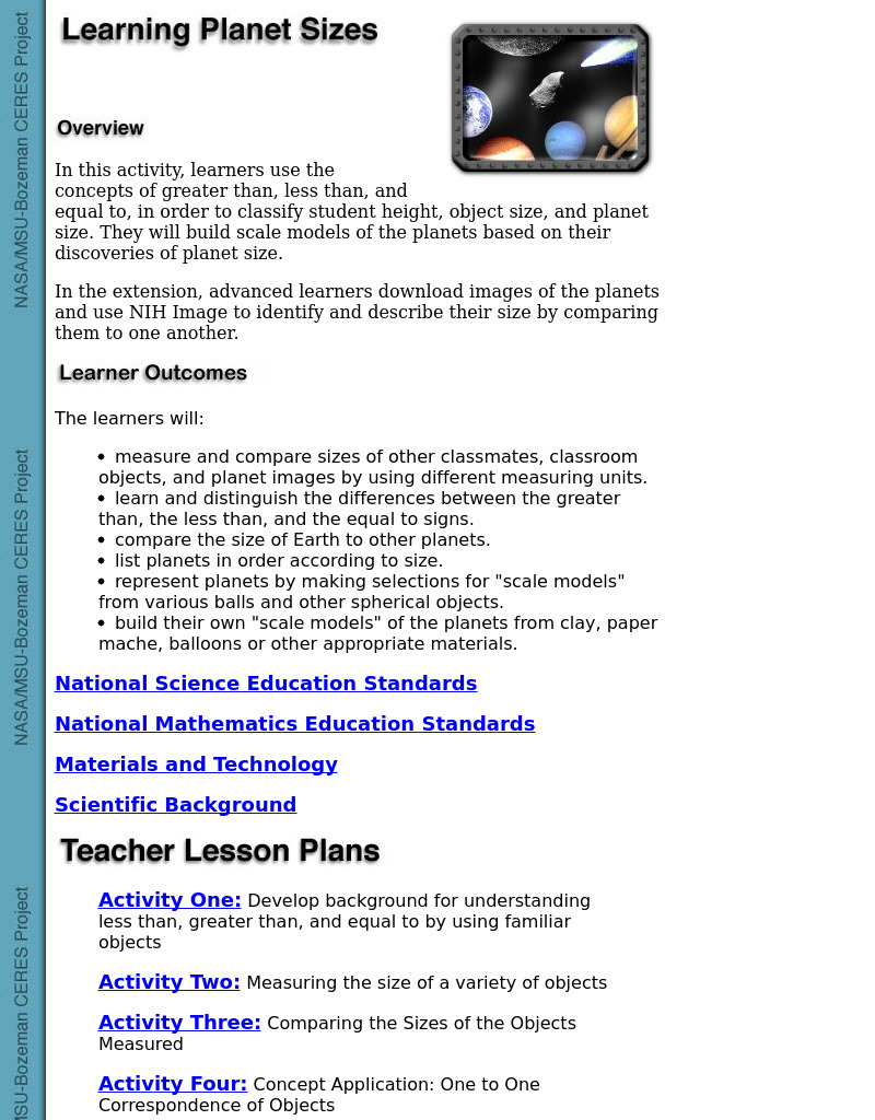 Learning Planet Sizes Lesson Plan