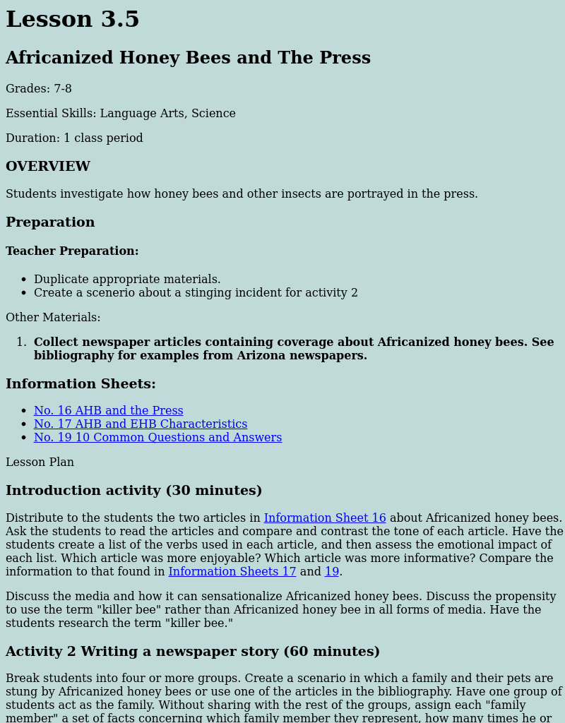 Africanized Honey Bees And The Press Lesson Plan