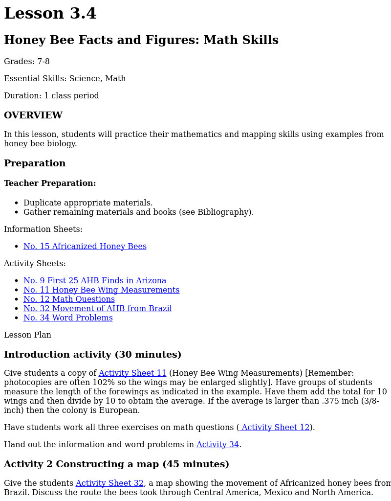 Honey Bee Facts And Figures: Math Skills Lesson Plan